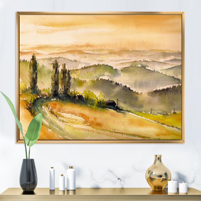 Paysage rétro avec vignobles - peinture sur toile, H 34 po x l 44 po, Cadre doré