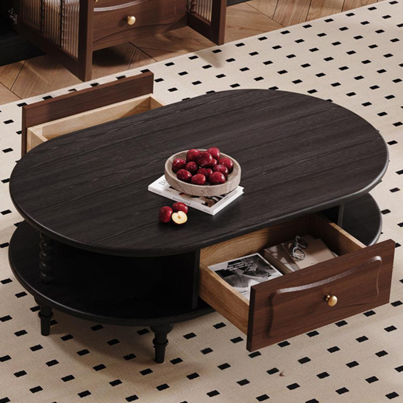 Table basse en chêne massif avec tiroirs et tablette ouverte
