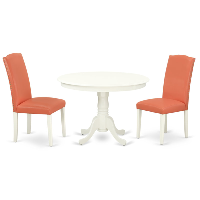 3 Piece Modern Dining Table Set Contains a Round Wooden Table with Pedestal and 2 Pink Flamingo Faux Leather Upholstered Chairs, Linen White