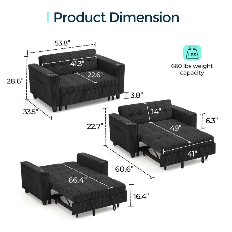 Clayton Adjustable Backrest Multi-Functional Corduroy Sofa Bed With USB Charging, Elio Black Corduroy