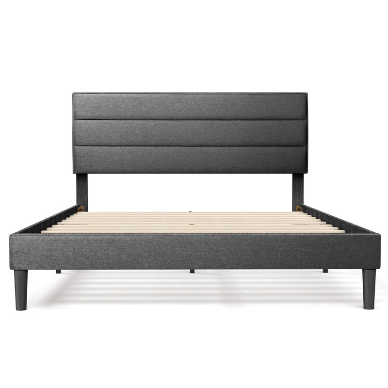 Lit plateforme double tapissier à panneau horizontal moderne avec tête de lit capitonnée Yeleini, gris, Double