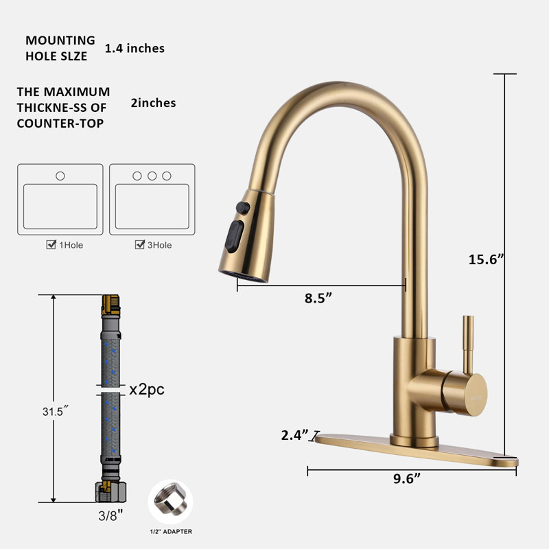 Kitchen Faucet With Sprayer, Stainless Steel High Arc Single Handle Sink Faucet, Suitable For 1 Hole Or 3 Holes., Gold