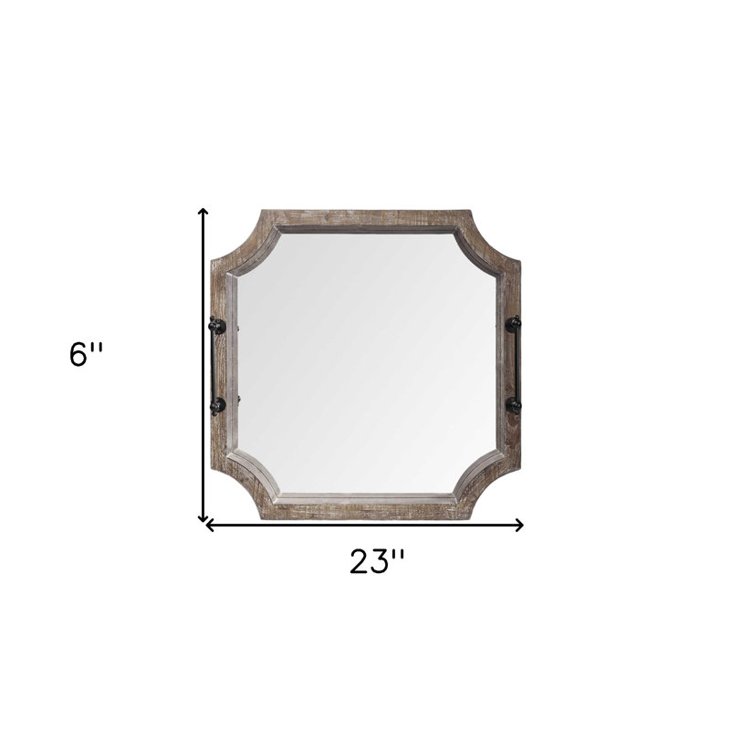 Hornbeck 23" Brown Hexagonal Wood and Mirrored Glass Serving Tray With Handles