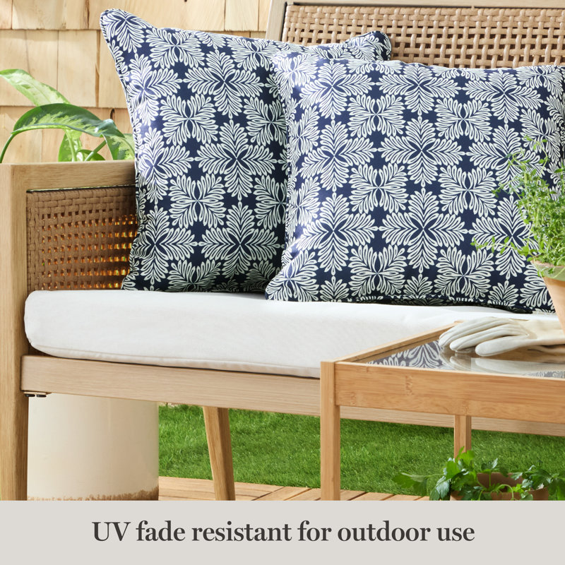 MARTHA STEWART Tulum Indoor Outdoor Lumbar Pillow 2-Pack Set, 18", Navy Blue, Square, 18"H x 18"W