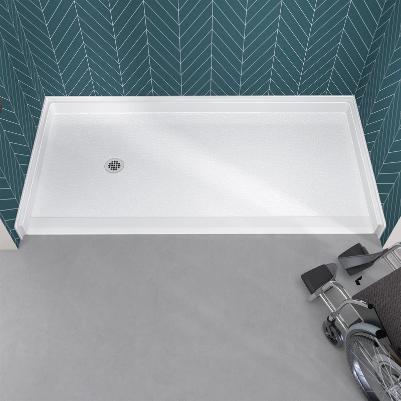 Base de douche à roulettes Ada 72 po x 36 po, drain à gauche, bac de douche en acrylique accessible aux fauteuils roulants, conception antidérapante sans barrière