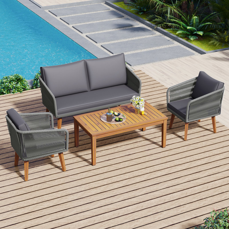 Ensemble de conversation d'extérieur pour 4 personnes avec coussins Perillo, Gris, Gris