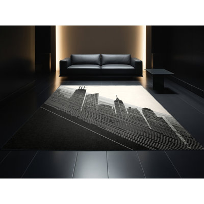 Machine Washable Cities & Countries Chicago Skyline Modern & Contemporary Geometric Rug in Brown – Black Binding