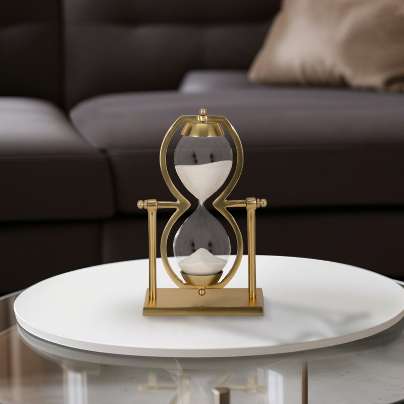 Decorative Metal and Glass Sandtimer Object for Home Decor - Contemporary Sculpture Accent for Office, Table or Living Room Decoration - Gold