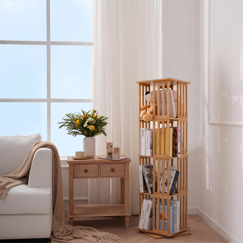360°Rotating Bamboo Bookshelf With Cross Dividers For Anti-Tipping, Large-Capacity Organizer, Stable Base For Living Room/Study/Office (Pre-Assembled For Easy Assembly)
