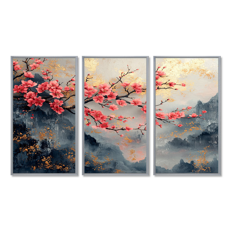 Rose, bleu, cerisier en fleurs, branche en Chine - ensemble d'art mural fleur de cerisier, Toile argentée avec cadre flottant