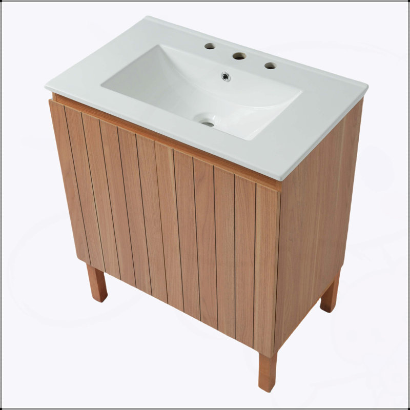 Meuble-lavabo moderne de 30 pouces avec lavabo en céramique, design minimaliste rétro, portes à poignée libre 45 degrés, grand espace de rangement à rayures verticales, grain de bois naturel