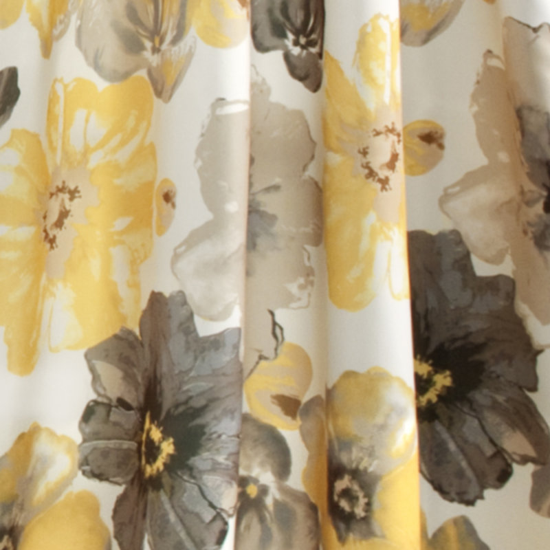 Yellow and Gray Floral Faux Silk Room Darkening Curtain Panels, 52"W x 84"L