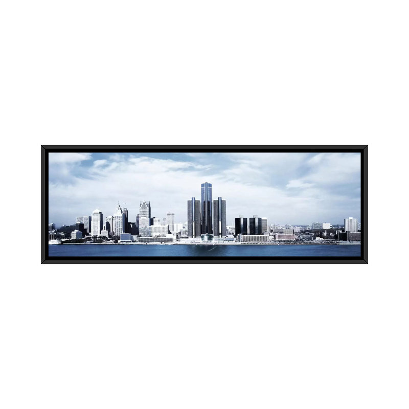 «Detroit Skyline Cityscape», reproduction de photo sur toile, H 20 po x l 60 po x P 1,5 po, Toile avec cadre noir