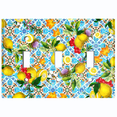 Metal Light Switch Plate Outlet Cover (Elegant Teal Fruit Flowers Tile  - Triple Toggle)