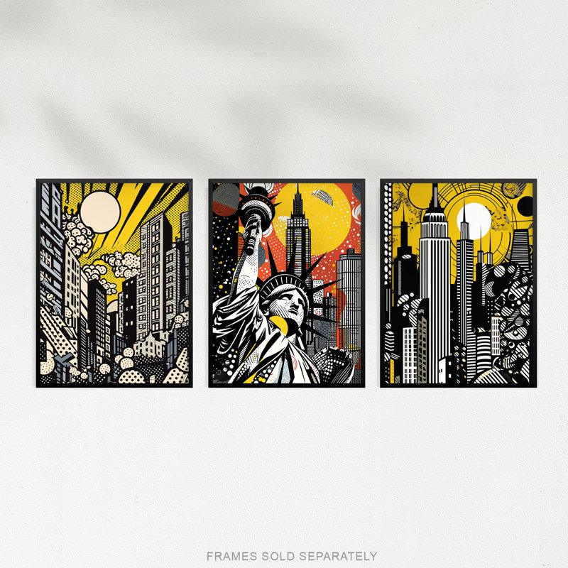 New York City Yellow Orange Statue Of Liberty Skyscrapers - 3 Piece No Frame Print Set, 40.5cm H x 30.5cm W x 0.3cm D