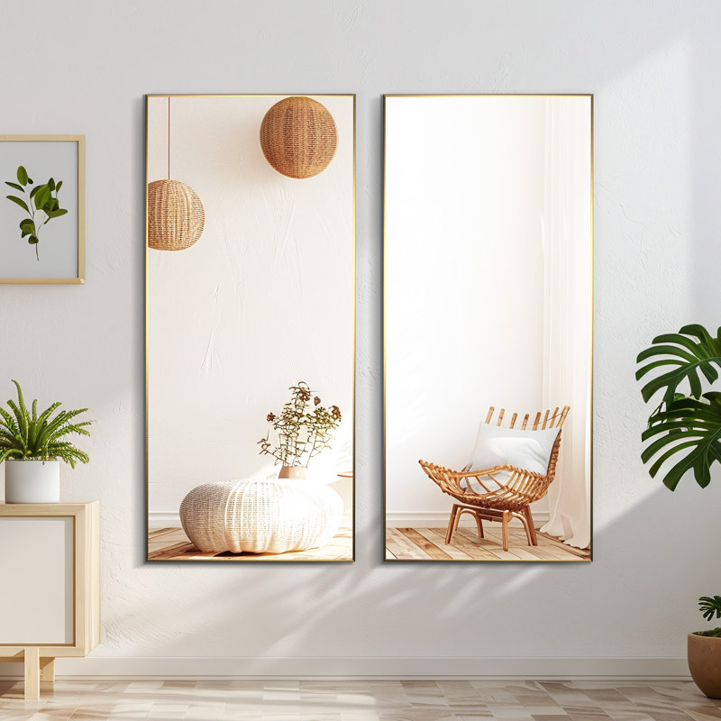Kayelle 36"x24" Rectangle Black Aluminum Alloy Thin Framed Wall-Mounted Vanity Mirror (Set of 2), Gold, 47" x 22"