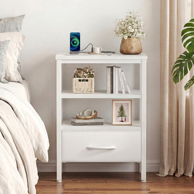 Nightstand with Built-in Charging Station, Bedside Table with Adjustable Fabric Drawer and 3-Tier Storage End Table