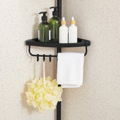 Serviteur de douche à 4 niveaux, tablette de coin de salle de bain réglable en hauteur de 33,5 à 120,1 pouces, acier, avec 4 tablettes, 3 crochets, organisateur de douche, 1 barre à serviettes