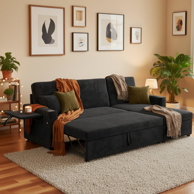 83.5" Wide Corduroy Reversible Sleeper Sectional with Storage Chaise & USB Ports, Black