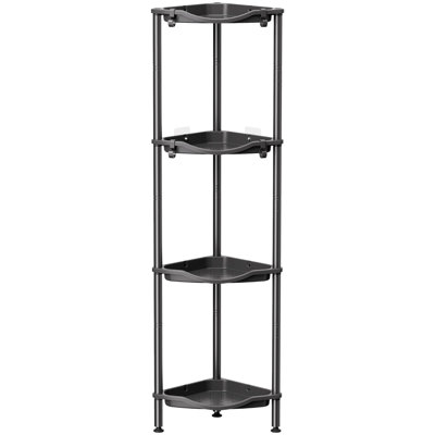 Floor Standing Shower Caddy Corner, 4 Tier Plastic Shower Stand Rack With Adjustable Feet And Hooks, Rustproof Bathroom Shelf Organizer, Black, 34 X 24 X 107 Cm/13 X 9.5 X 42 Inch