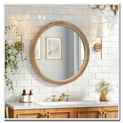 Round Distressed Wood Beaded Wall Mirror