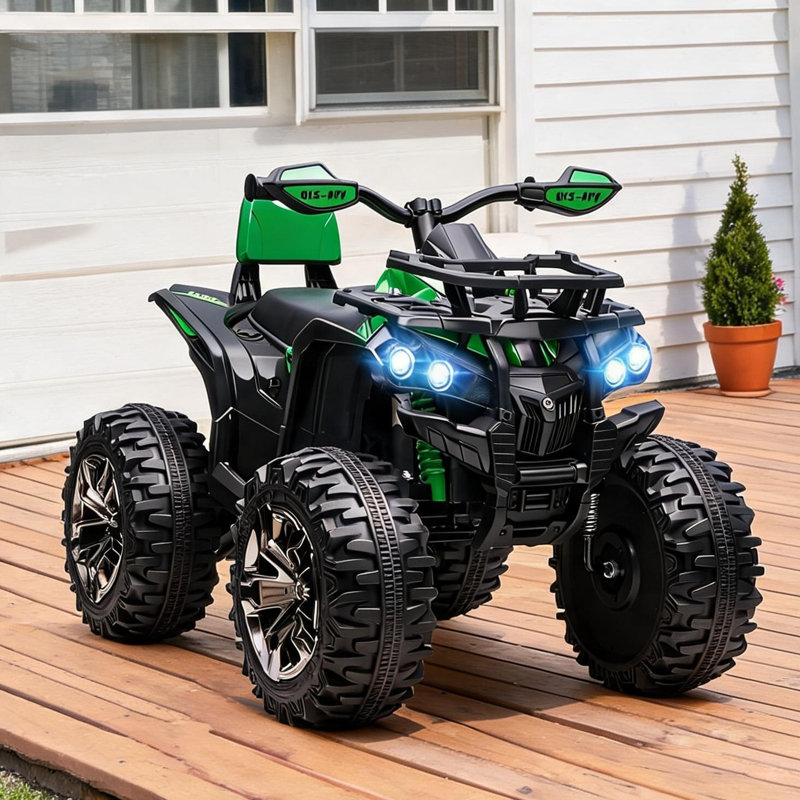 VTT à piles avec musique et phares, 4 roues électriques pour tout-petits en vert classique, 39,4 de long, capacité de 66 lb