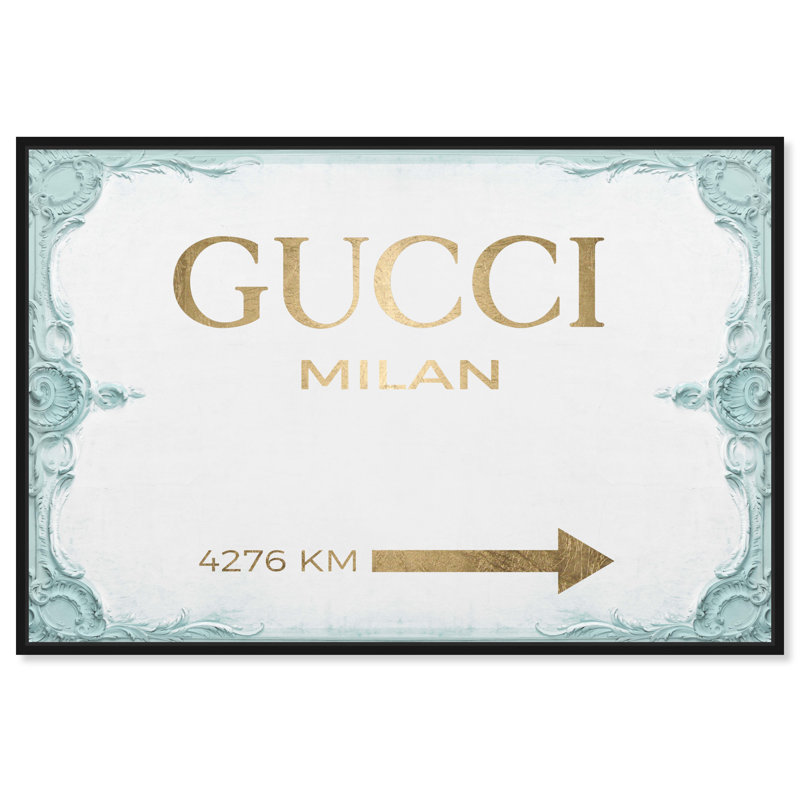 «Milan Sign Aqua», art textuel sur toile, H 36 po x l 54 po, Cadre noir