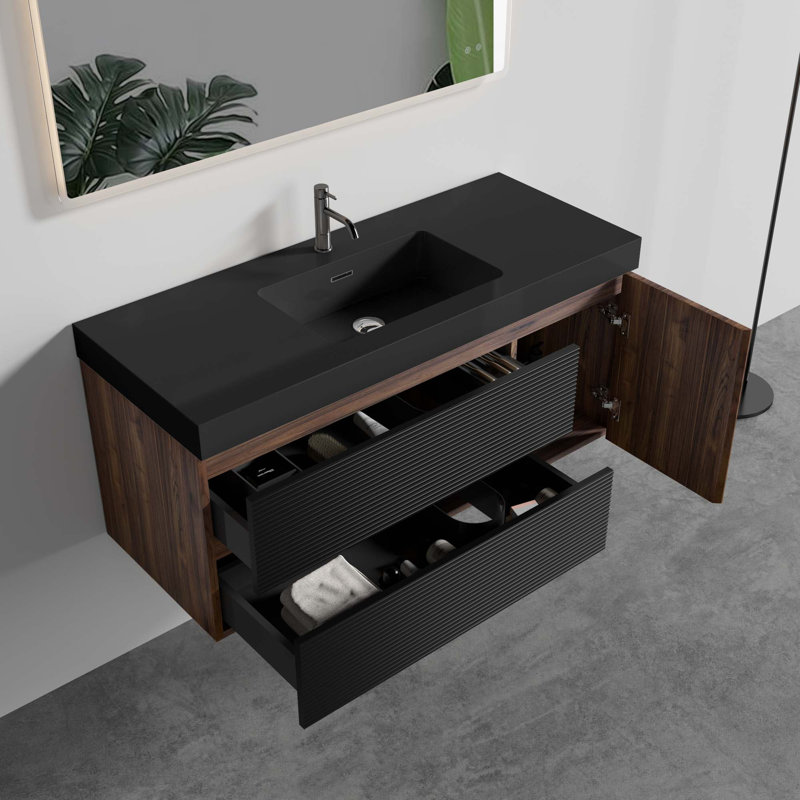 Meuble-lavabo mural 48 po avec lavabo et tiroirs noirs doux pour salle de bain moderne, sans drain ni robinet, pré-assemblé