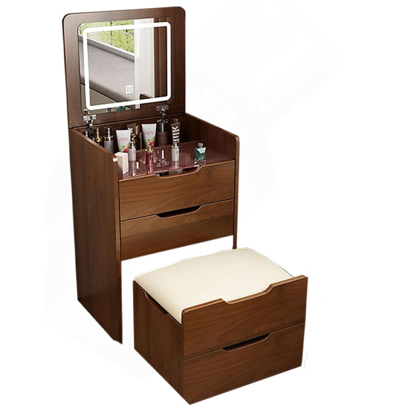 (60cm)(Walnut) 3 in 1 Vanity Desk with Plip Top Mirror, Small Make Up Vanity Set with Visible Glass Desktop, Compact Makeup Vanity with 3 Drawers, Dressing Table for Bedroom (PRIME BIG DEAL DAYS)