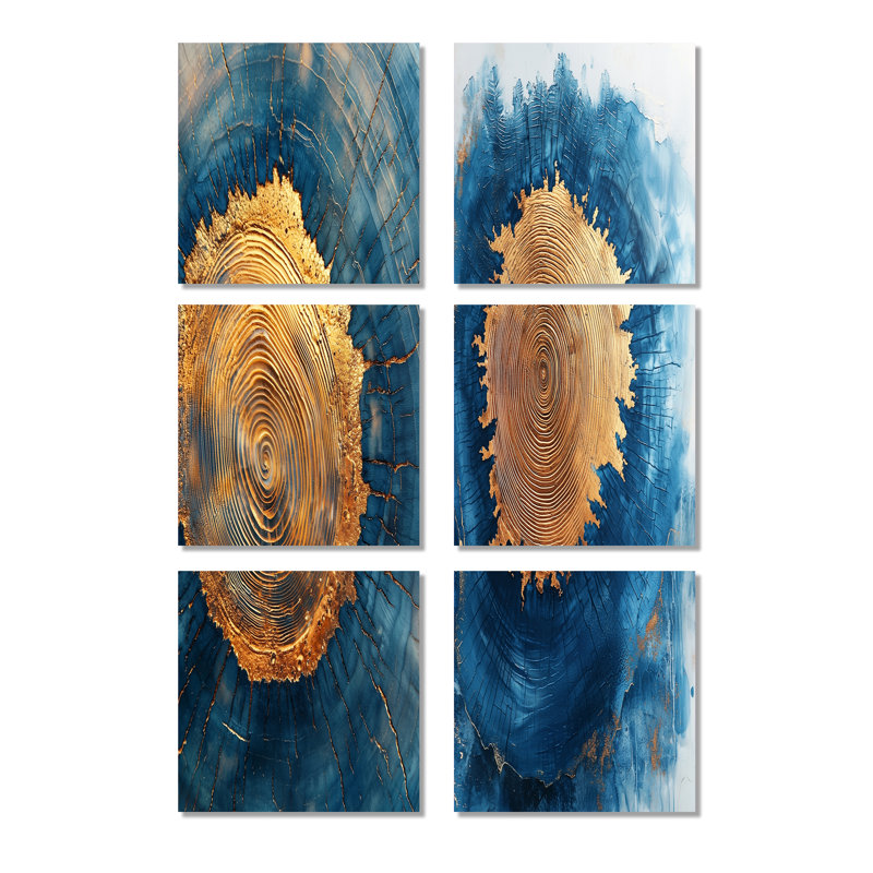 Ensemble de 6 reproductions d'art mural or et bleu, Toile tendue, Ne s’applique pas