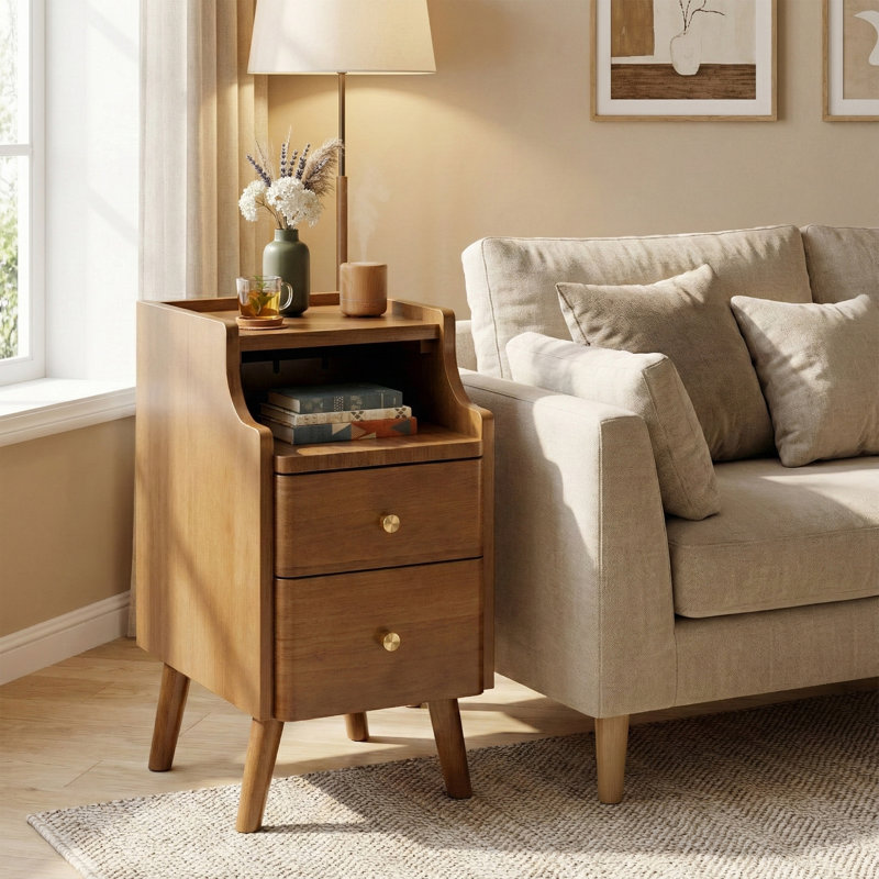 Table de chevet étroite, table de chevet en bois massif avec 2 tiroirs, table de chevet moderne en noyer du milieu du siècle, petite table d'appoint avec étagère de rangement ouverte pour chambre à coucher (10 pouces)