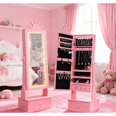 Kids Jewelry Armoire with LED Mirror, 3 Drawers & Princess Design for Girls' Accessory Storage