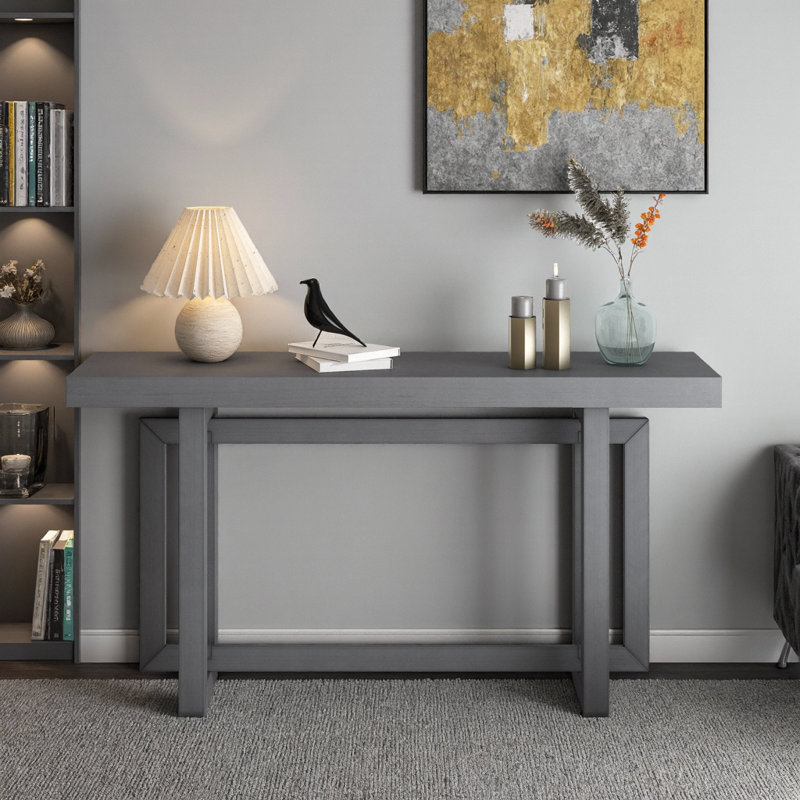Console d'entrée très longue 59,1 "avec placage de pin véritable et pieds réglables - Canapé triple rectangulaire pour couloir, salon, cuisine - gris aube