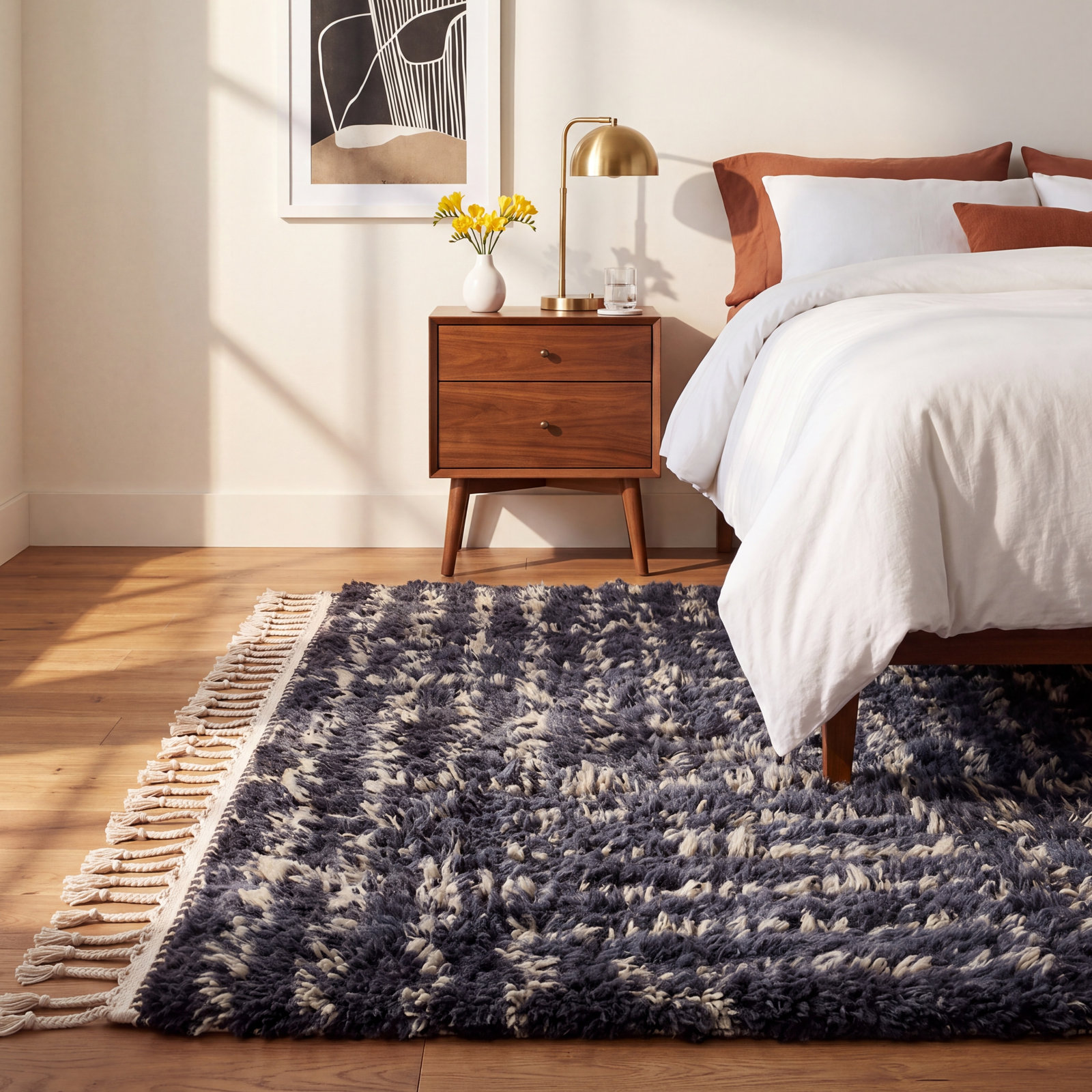 Essi Navy Beige Hand-Woven Geometric Wool Rug, Runner 2'6" x 8'