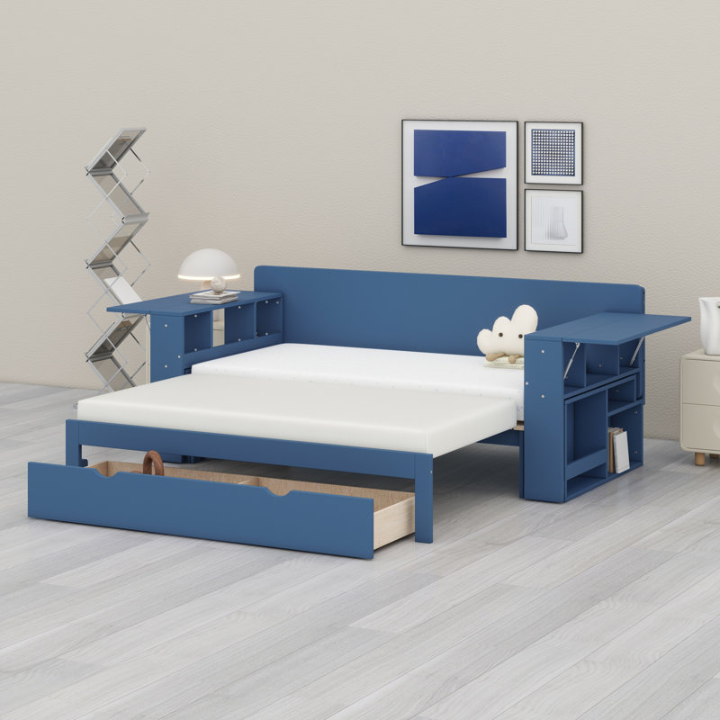 Lit de jour avec bureau amovible, tiroirs de rangement et table d'appoint hydraulique, Bleu