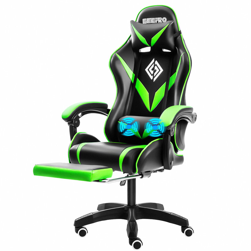 WOODYHOME Adjustable Reclining Ergonomic Swiveling PC & Racing Game Chair with Footrest, Black/Green