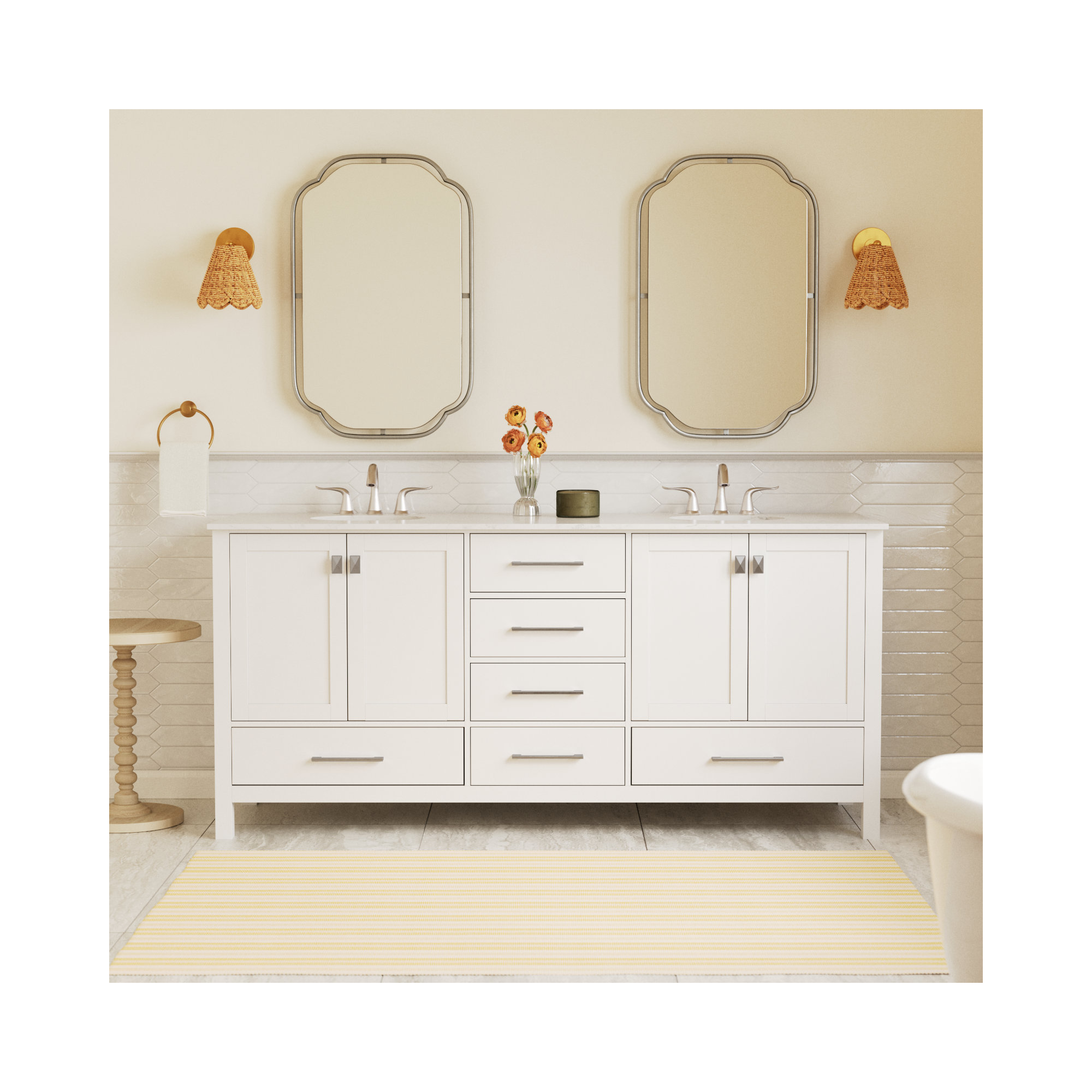 Irene 72'' Double Bathroom Vanity, Calacatta Quartz, White