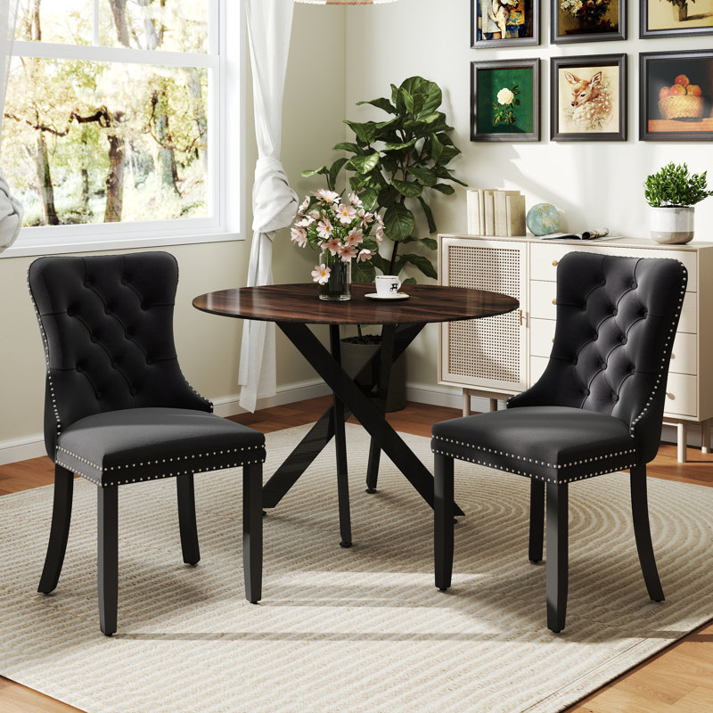 Round Wood Dining Set with Tufted Dining Chair, Black, 3, Brown/Black