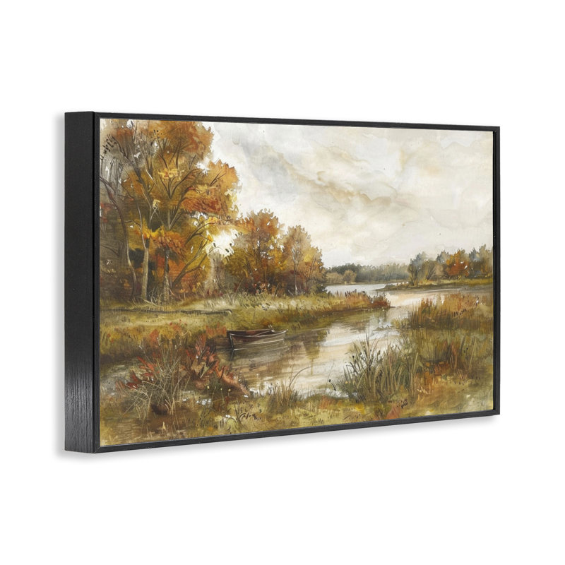  «Fall Scenic River Boat», art de la giclée encadrée par LSR Design Studio, H 16 po x l 24 po, Giclée encadrée noir minuit