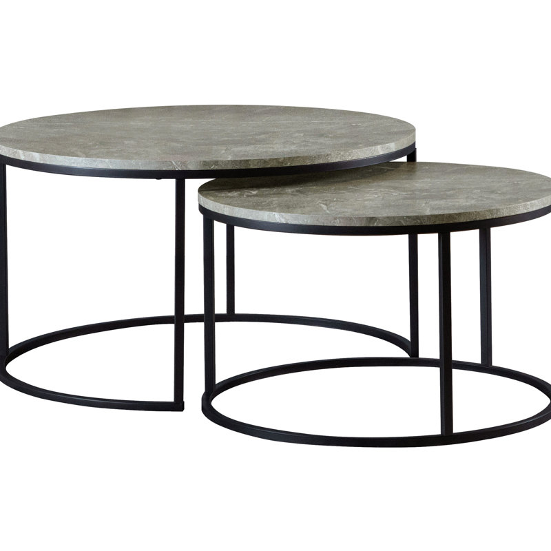 Round Coffee Table With Two - Piece Nesting Design, Grey Faux Marble Tops, Gunmetal Frames, 19.5H X 35W 35D Inches, Functional For Multifunctional Areas Finish And Space Saving, 35 Inches In
