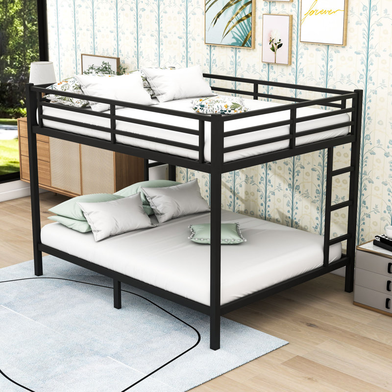 Queen Over Queen Metal Bunk Bed With Side Ladder And Guardrails