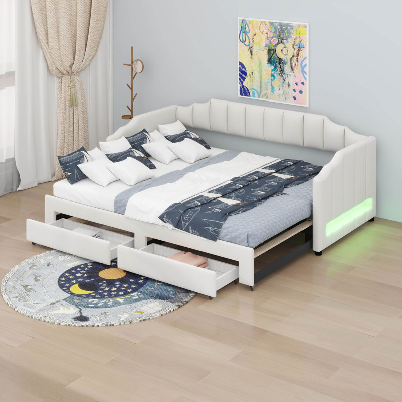 Daybed With Storage Drawers & Pop Up Trundle, Upholstered Extendable Daybed With LED Lights, Beige