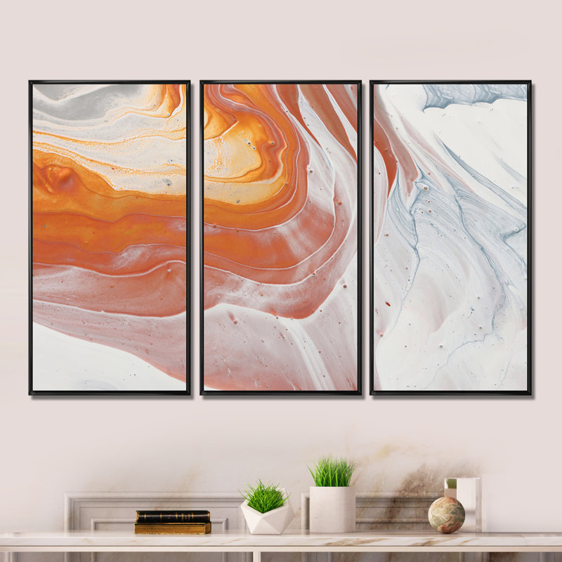 Orange orange, blanc et marbre gris, reproduction d'art sur toile 3 pièces, Noir, H 28 po x l 36 po