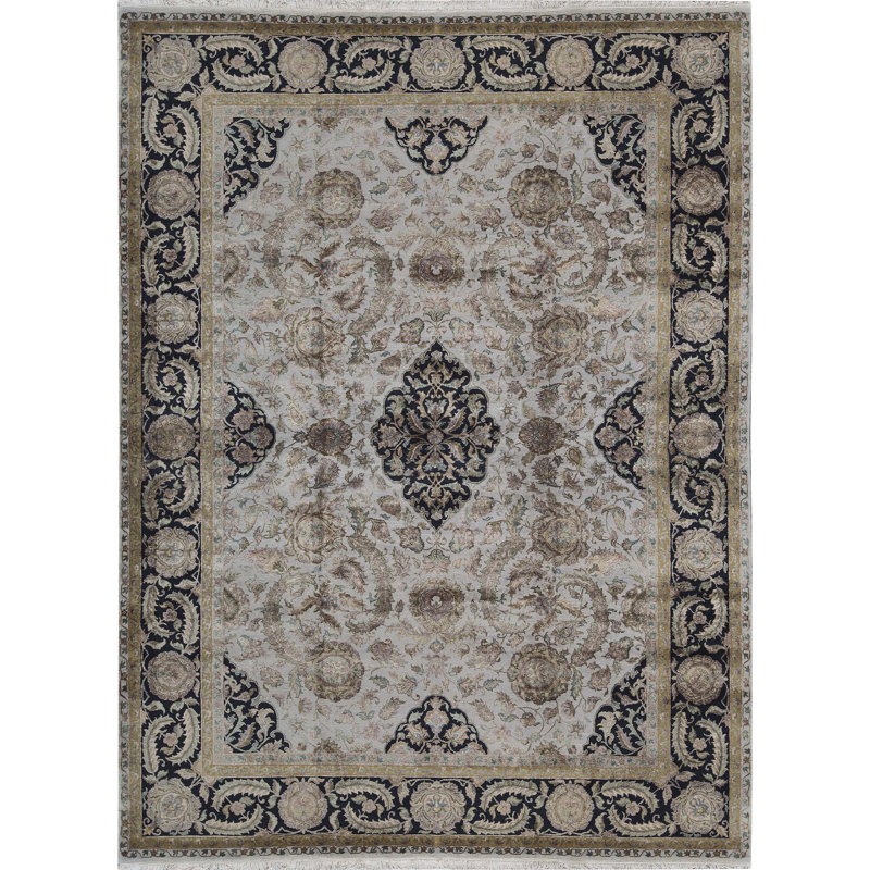 Tapis gris et noir noué à la main de haute qualité