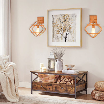Farmhouse 1-Light Wood Grain Metal Wall Sconces, Retro Rhomboid Wall Light, Geometric Bedside Wall Mount Sconces