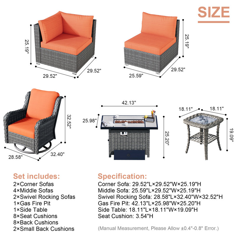 Ralfs 8 - Person Modular Patio Conversation Set with Cushions, Orange Red