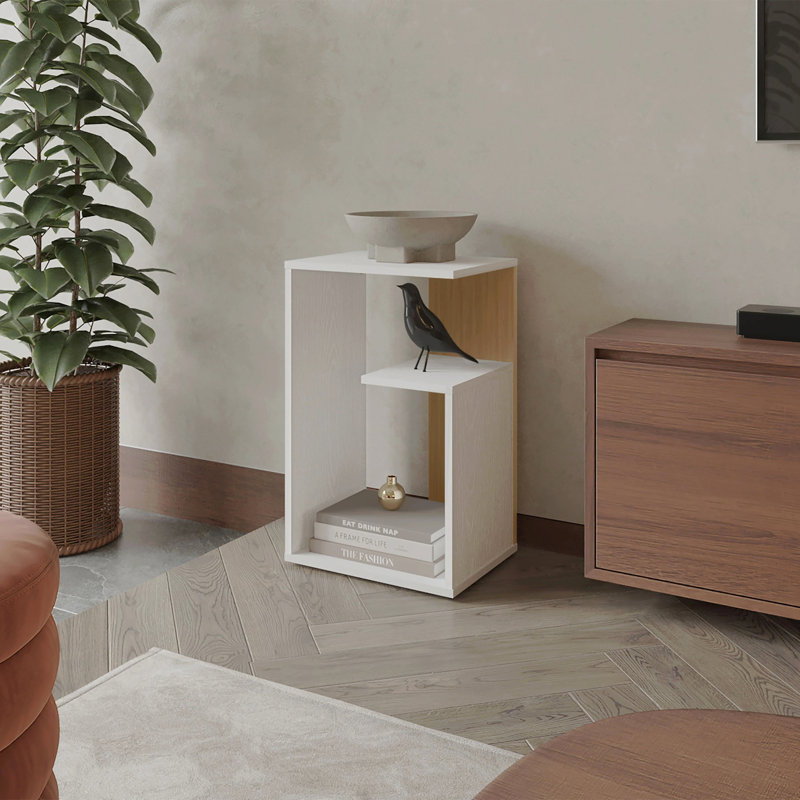 Table d'appoint en mélamine avec rangement ouvert, Blanc / chêne naturel