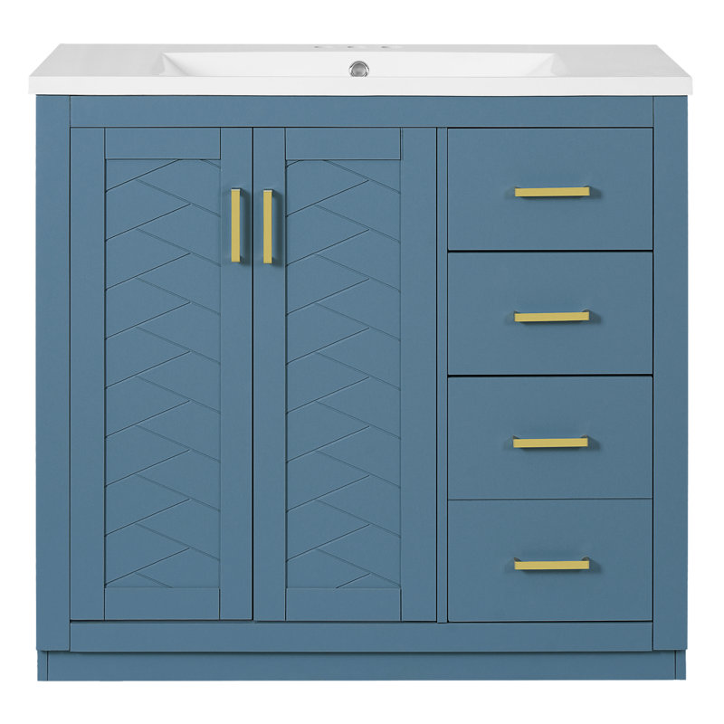 Meuble-lavabo de 36 pouces, lavabo sous comptoir en céramique, structure en bois massif, 3 tiroirs, portes à fermeture douce, planches, rangement spacieux, articles de toilette, design rétro, poignées exquises, motif à rainure unique,