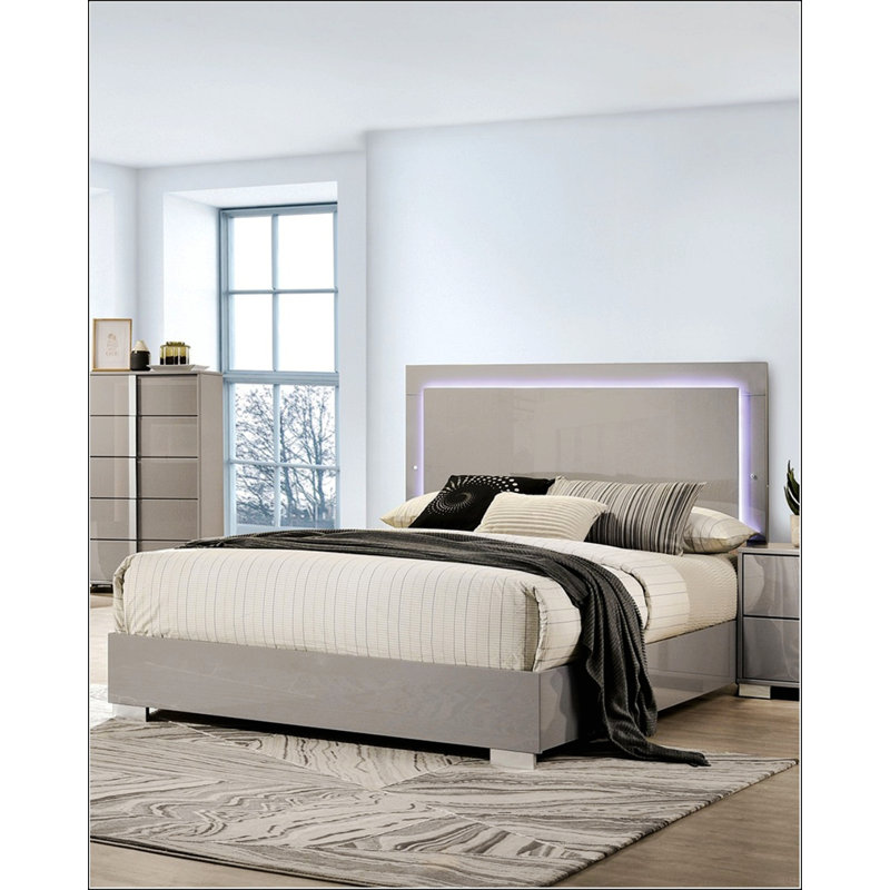 Grand lit avec tête de lit à DEL, Taupe, Grand lit