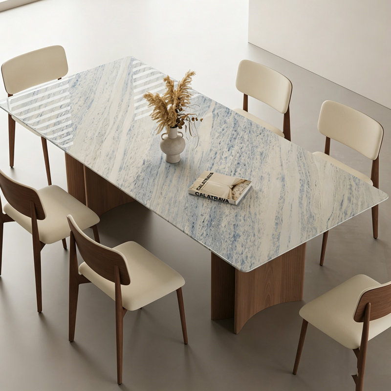 Table de salle à manger avec plateau en pierre de luxe moderne et pieds en chêne, H 29,53 po x l 62,99 po x P 31,5 po